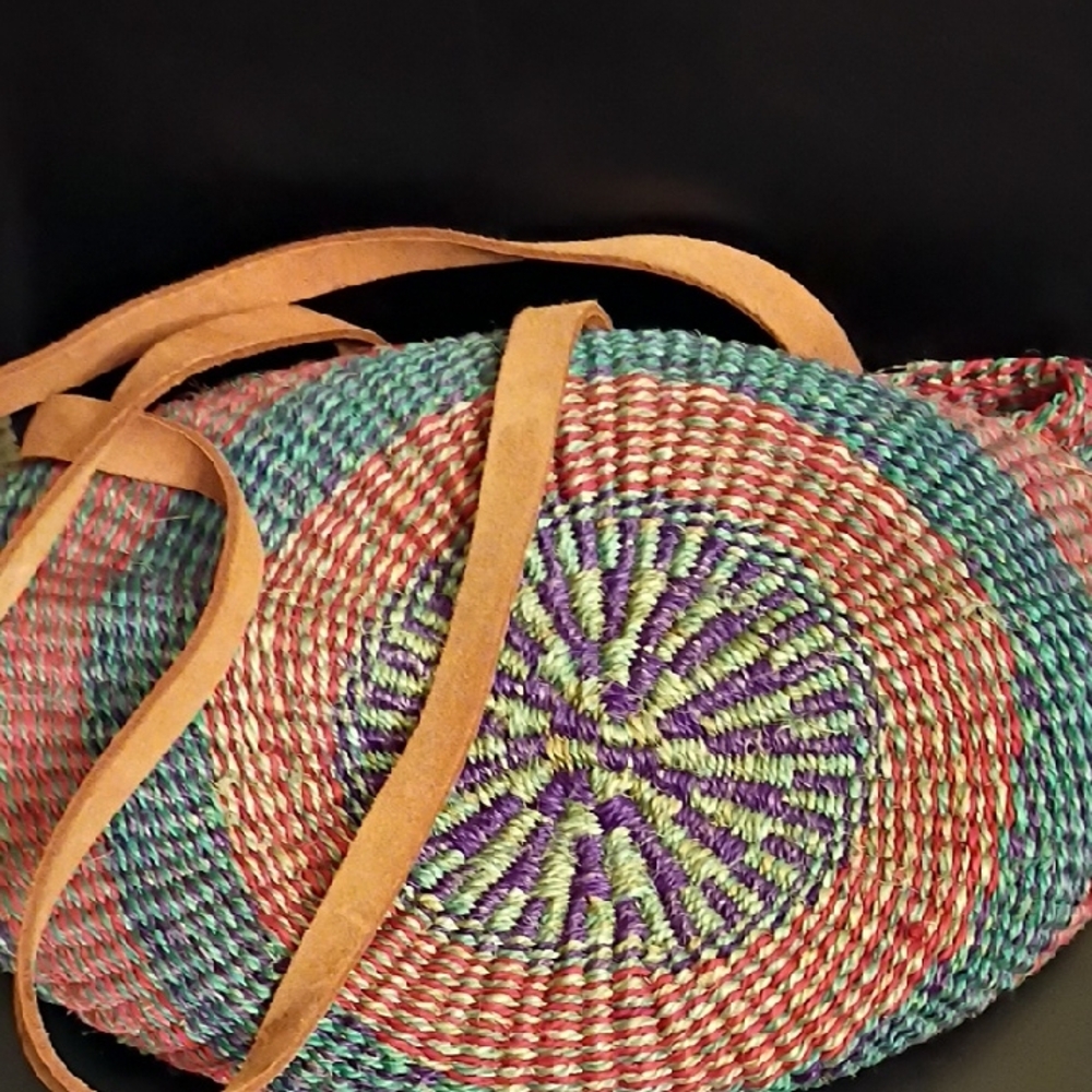 Multicolor Woven Straw Bag with Tan Straps